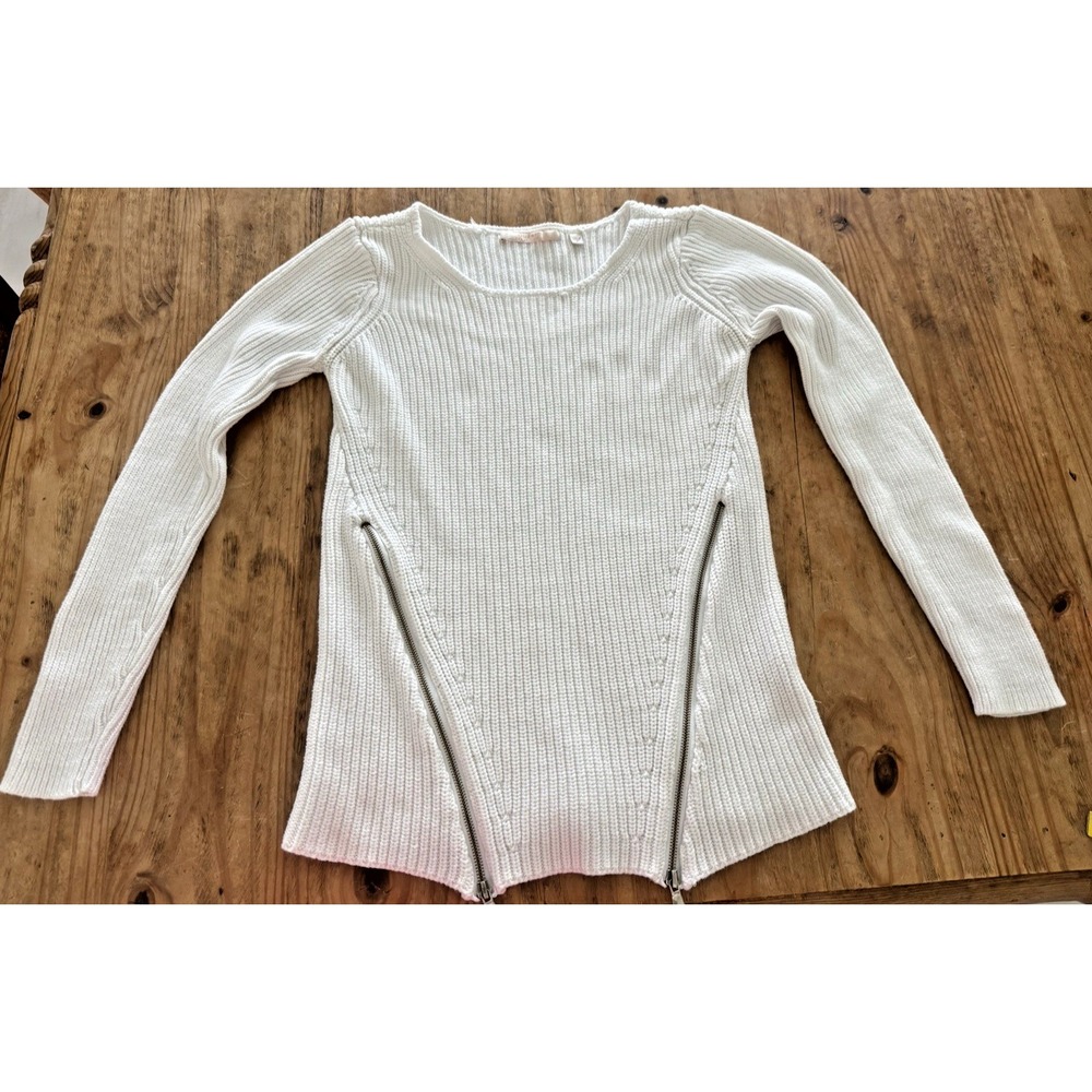 Guess 100% Cotton White Ribbed Knit Sweater w/Zipper Accents Size M